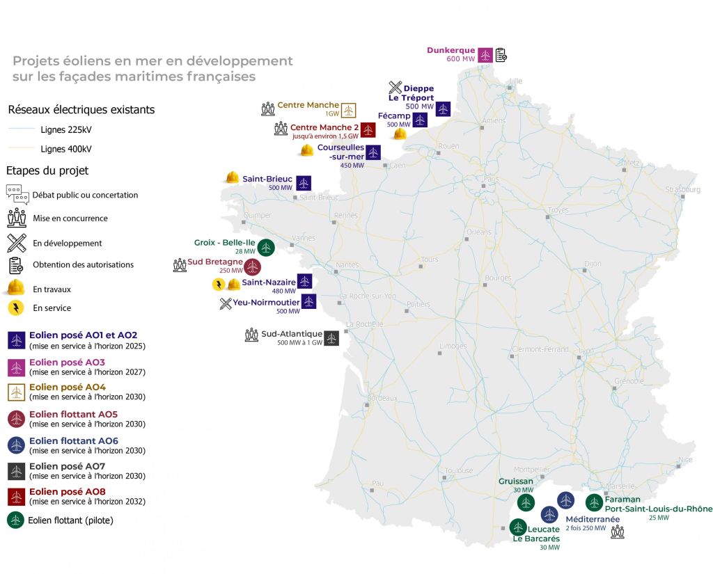 Carte des projets d'éoliennes en mer
